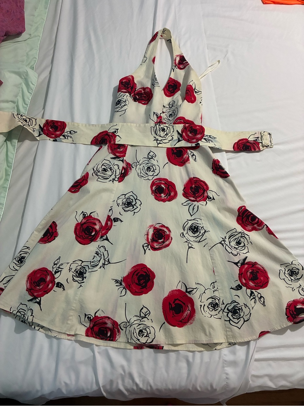 Tara Jarmon Cream Halter Dress with Red Rose Print